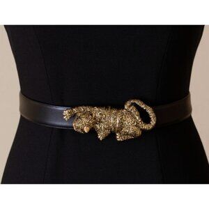 Vintage Gold crystal Leopard Buckle Black Belt Chunky womens statement belt Med